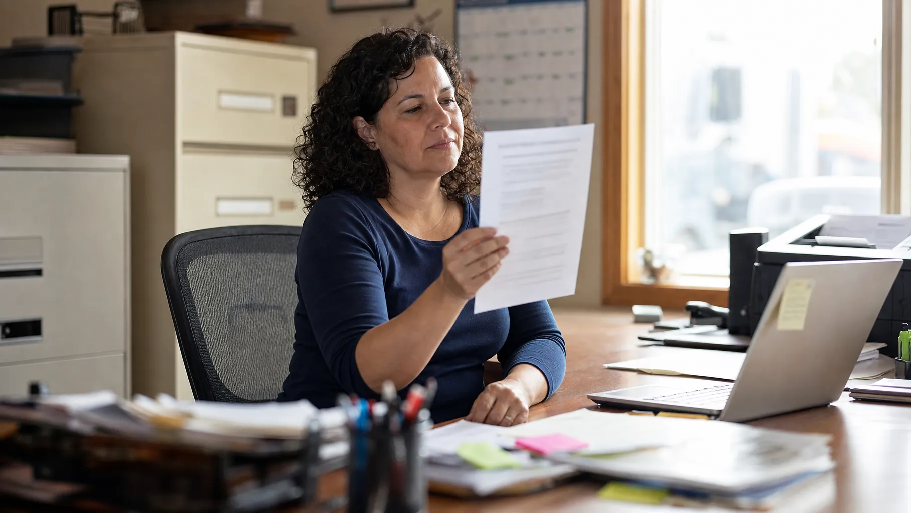 Trucking company owner reviewing an MC authority certificate by the office window