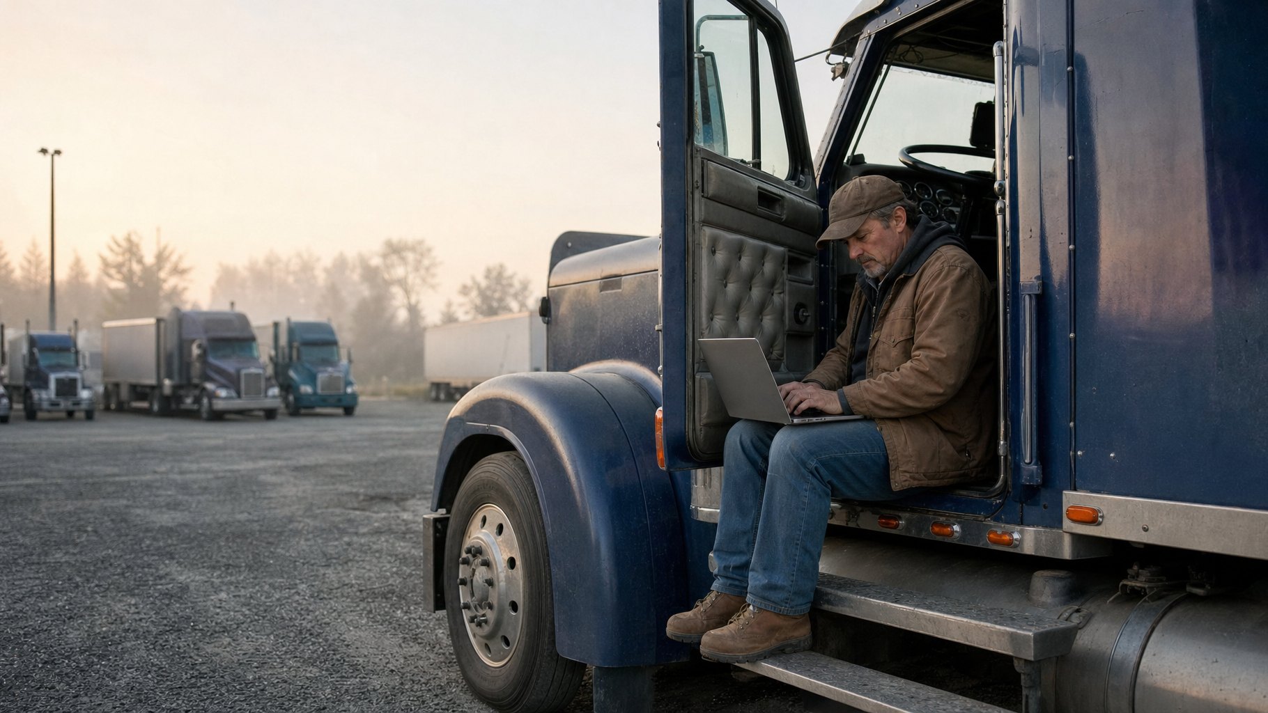 Owner-operator working on a laptop in the open door of his truck cab at a truck yard