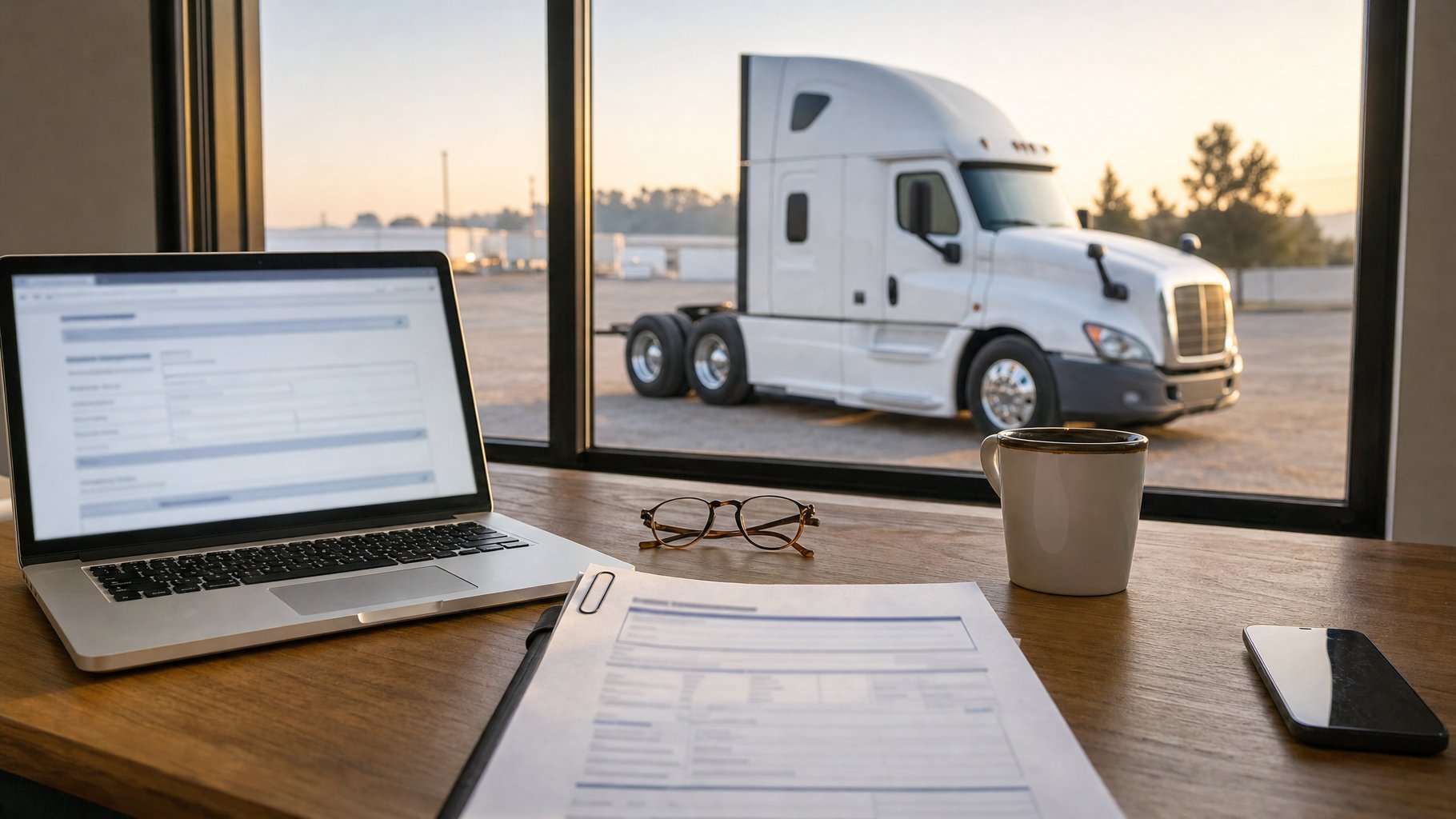 Trucking office desk with a laptop, an insurance policy folder and a white semi truck parked outside the window