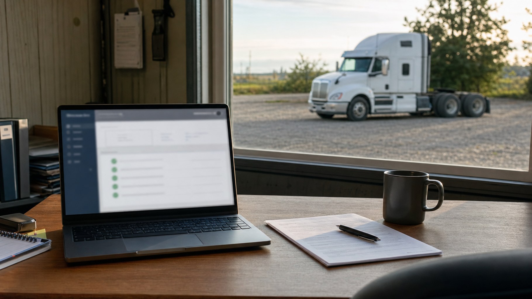 Small trucking office desk with a laptop, a printed consent form and a pen, and a white semi truck parked outside the window