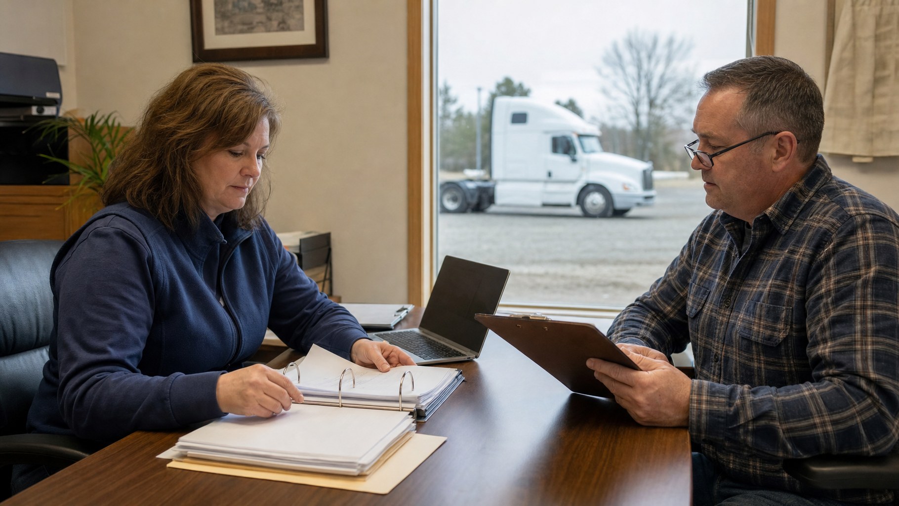 Small trucking office with a woman reviewing ring binders of driver records and a man holding a clipboard, a white semi tractor parked outside the window