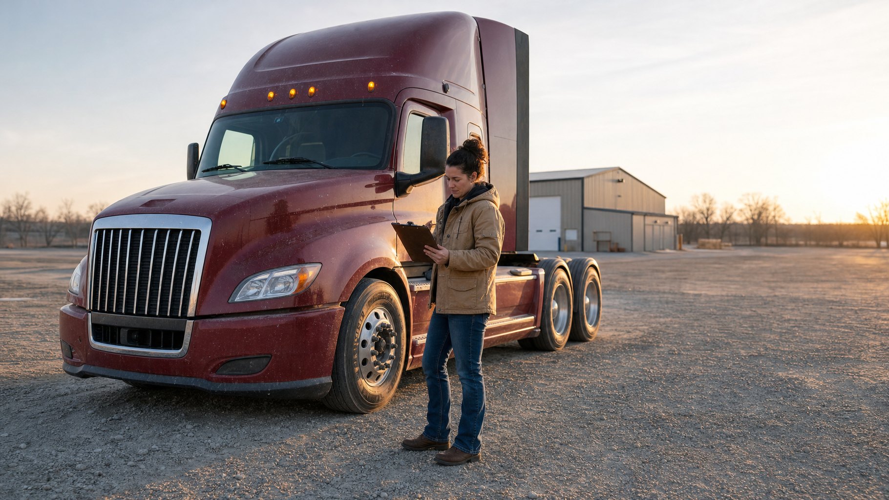 Owner-operator holding a clipboard beside a single dark red semi tractor in a gravel yard at sunrise