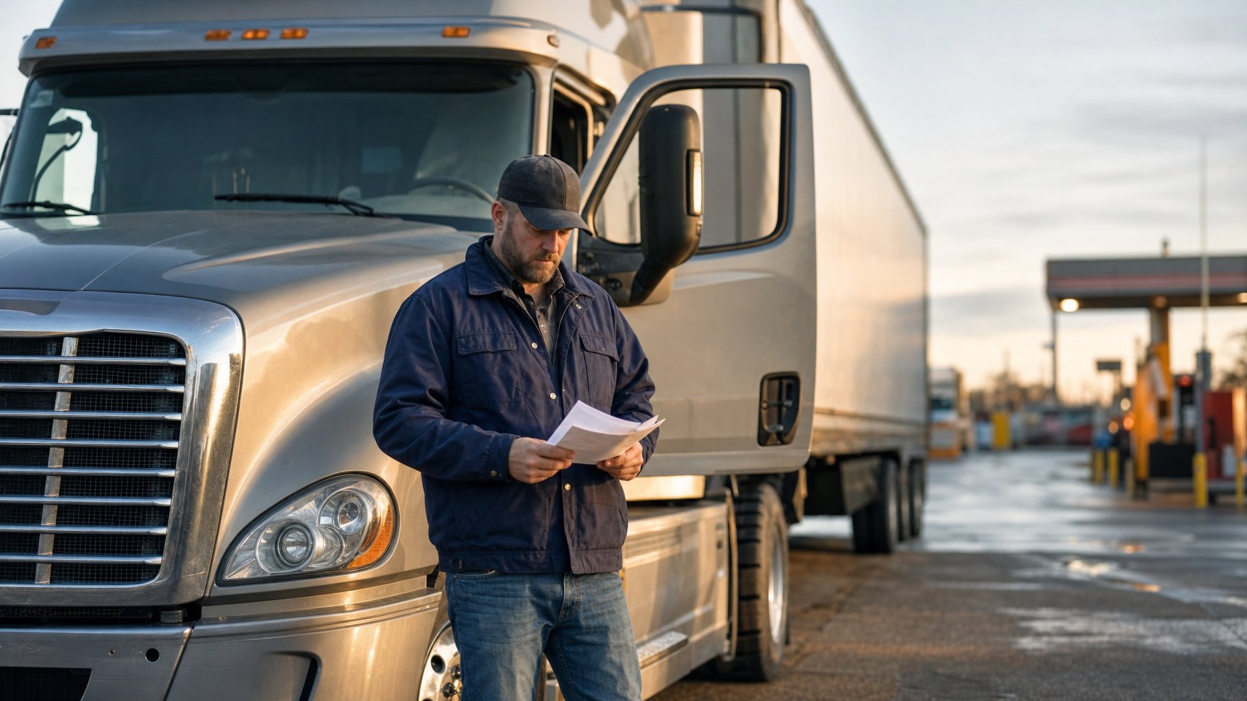 Truck driver reading printed permit papers beside his semi truck at a fuel island