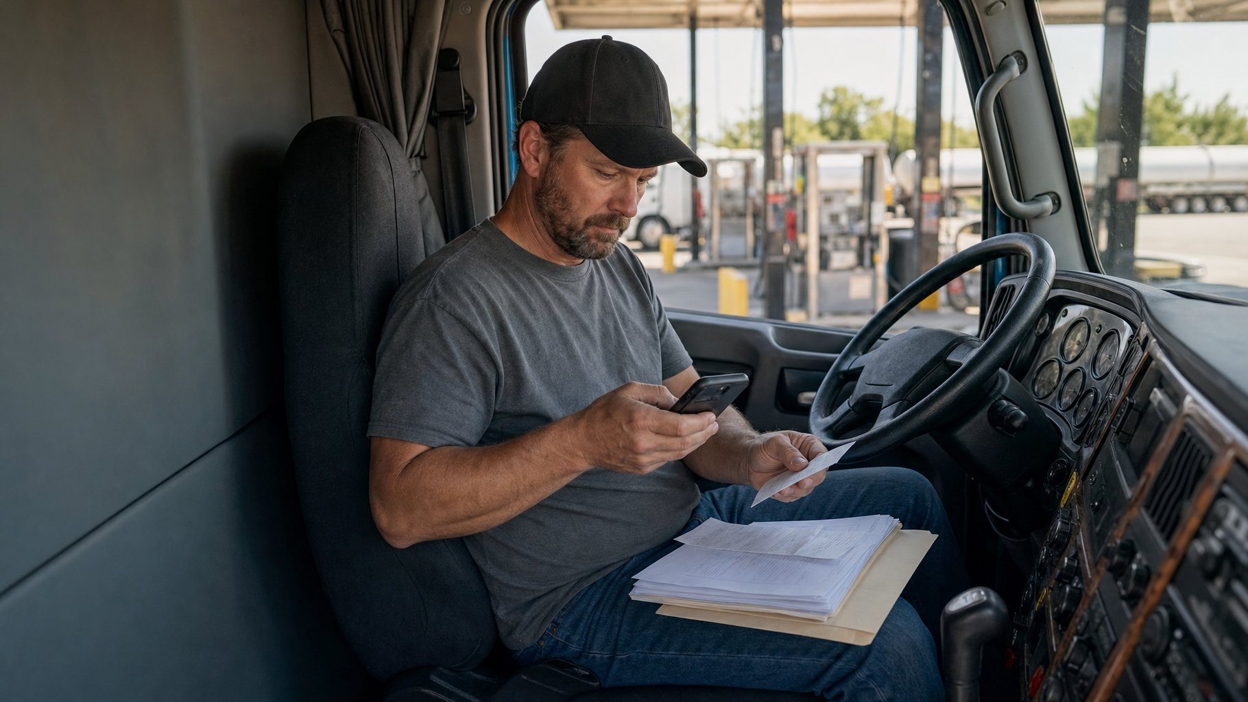 Owner-operator in the cab of a semi truck photographing a fuel receipt with a folder of paperwork on his lap at a truck stop