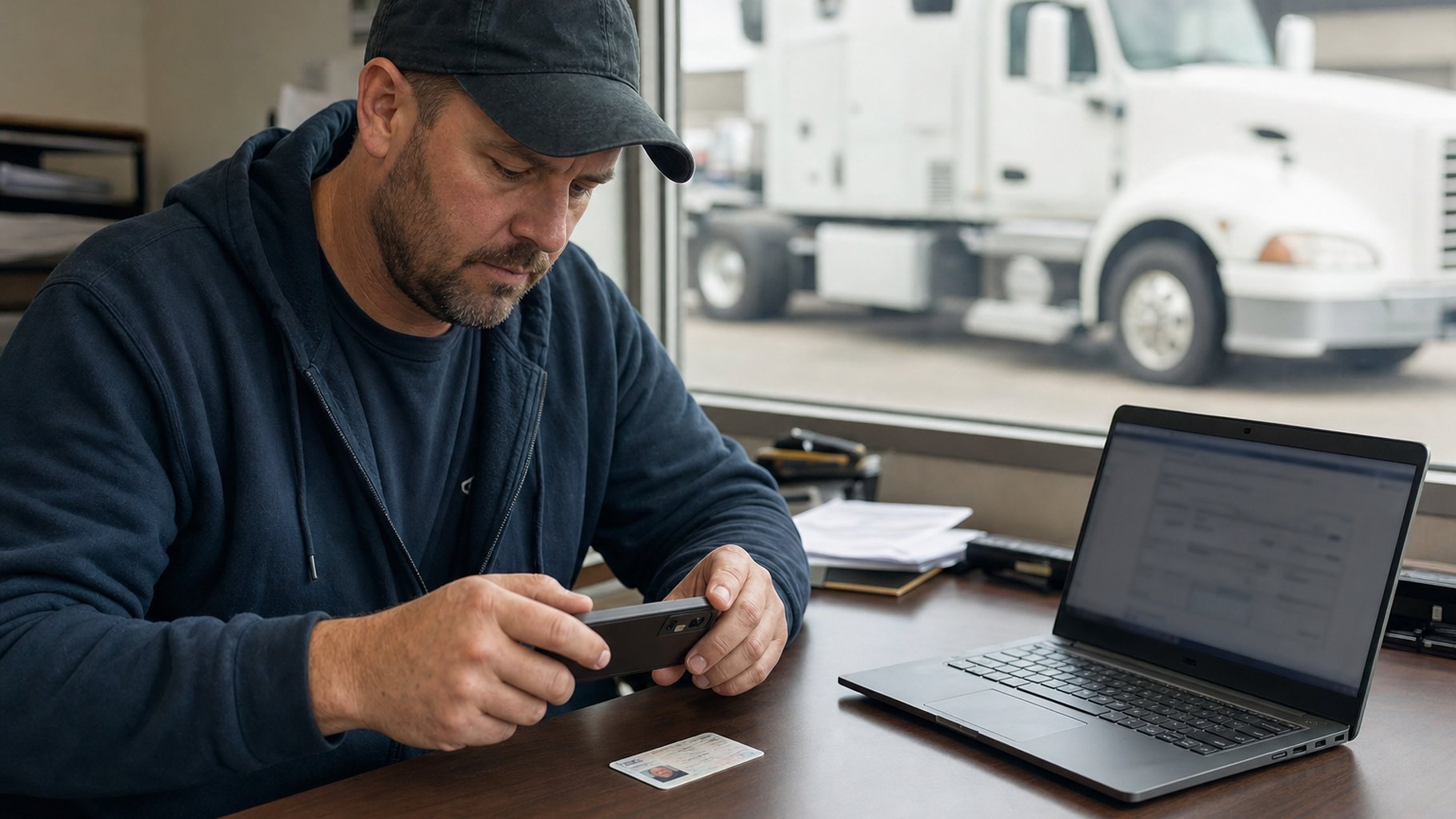 Owner-operator photographing his driver license with a phone for the Motus identity check